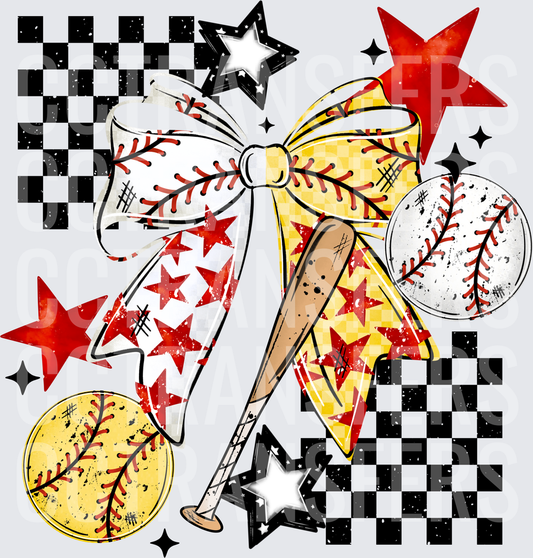 Softball Baseball Bow Bat Stars Checker Grunge (DTF)
