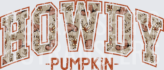 Howdy Pumpkin Distressed Western Varsity Boots Horseshoes (DTF)