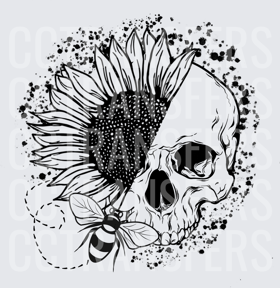 Black Ink Skull Sunflower Honeybee Splatter (DTF)