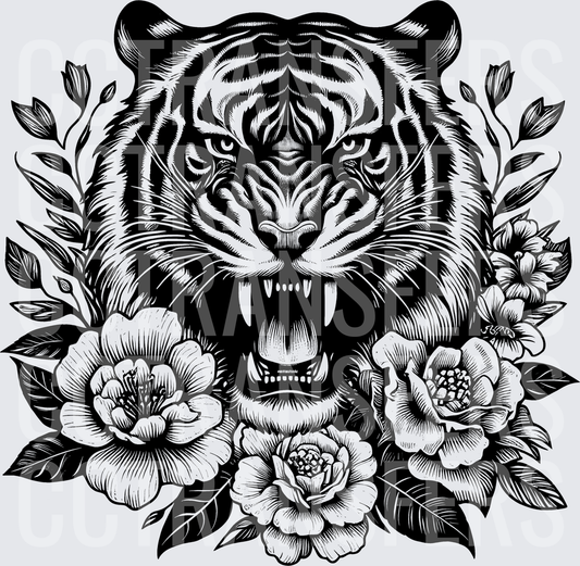 Fierce Roaring Tiger Face with Floral Botanical Frame (DTF)