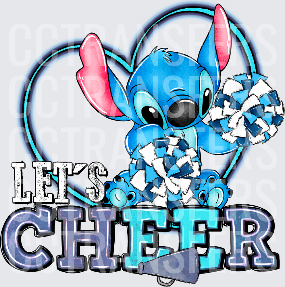Let's Cheer Blue Alien With Pom Poms Heart (DTF)