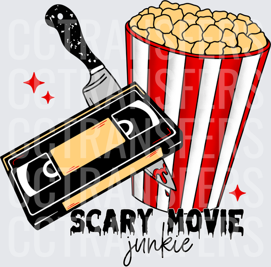 Scary Movie Junkie VHS Tape Knife Popcorn Horror (DTF)
