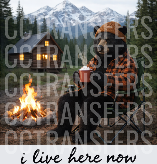 Cozy Black Bear Campfire Hot Cocoa I Live Here Now (DTF)