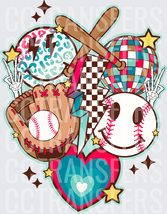 Retro Baseball Glove Bat Disco Ball Smiley Face Hearts (DTF)