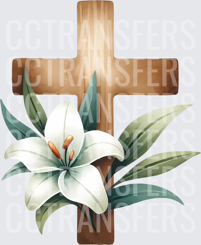Wooden Cross with White Easter Lily and Green Leaves (DTF)