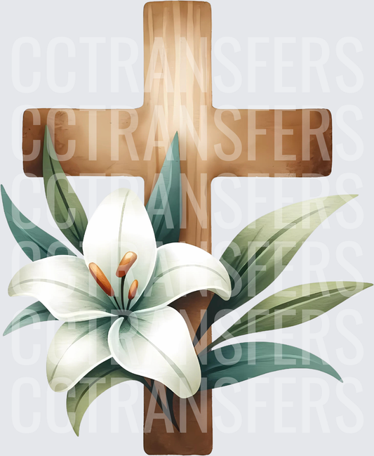 Wooden Cross with White Easter Lily and Green Leaves (DTF)