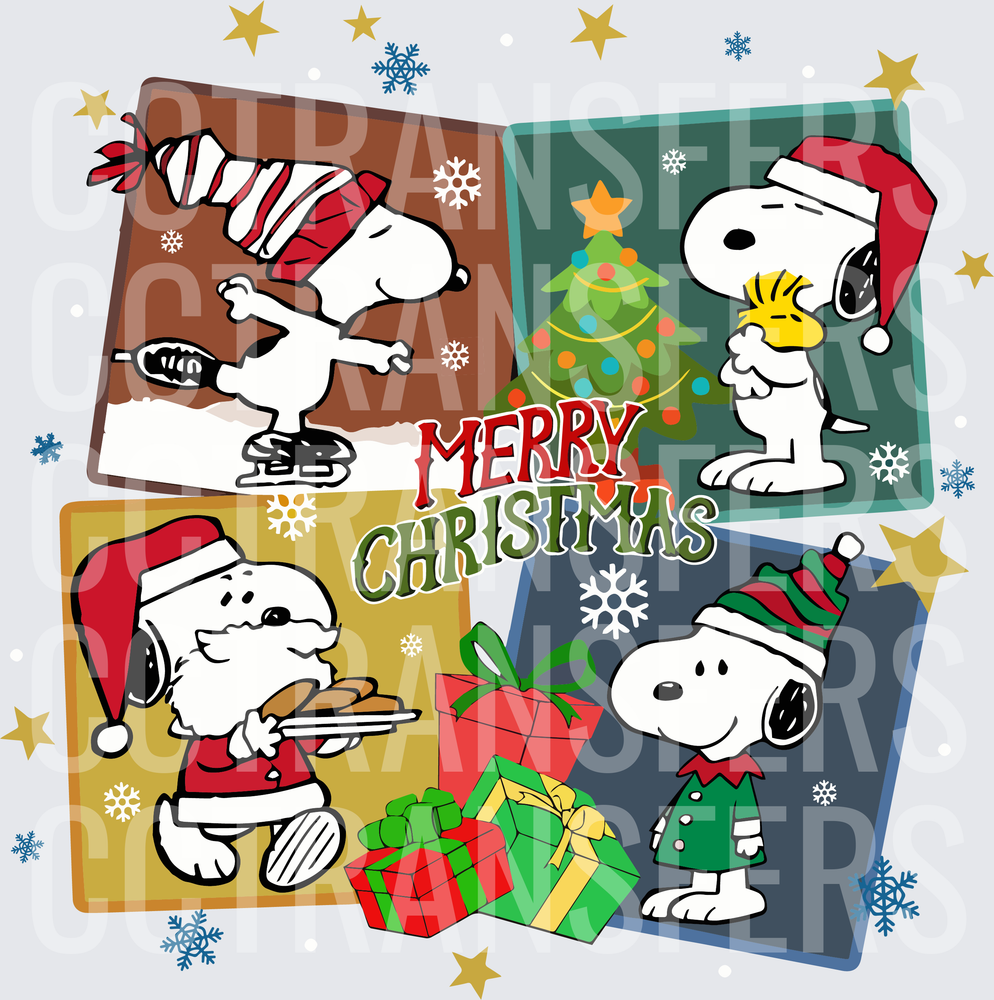 Merry Christmas Cartoon Dog Four Panel Holiday Scenes (DTF)