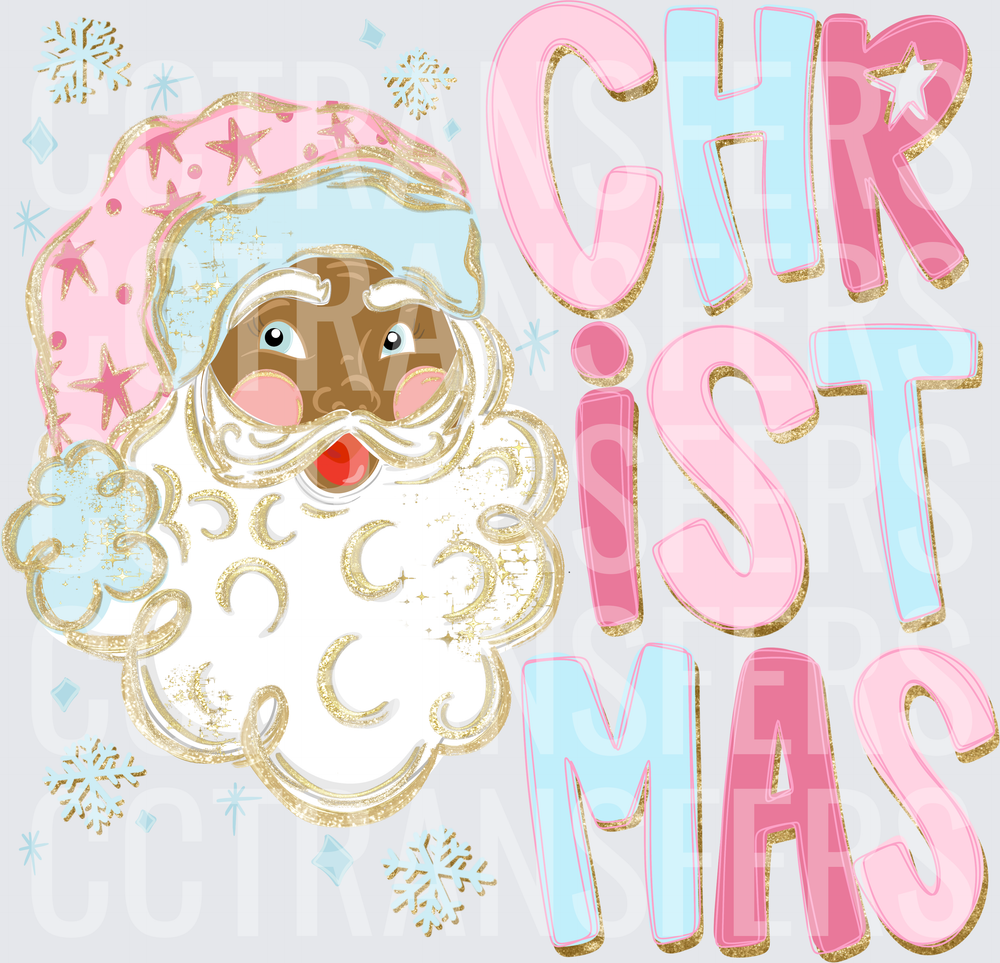 Pastel Pink Blue Gold Glitter Black Santa Christmas (DTF)