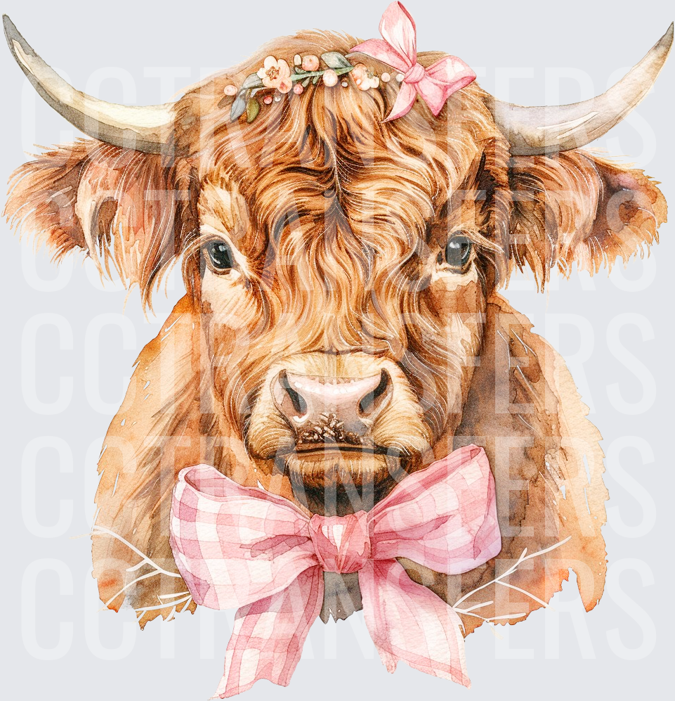 Watercolor Highland Cow Floral Crown Pink Bow (DTF)