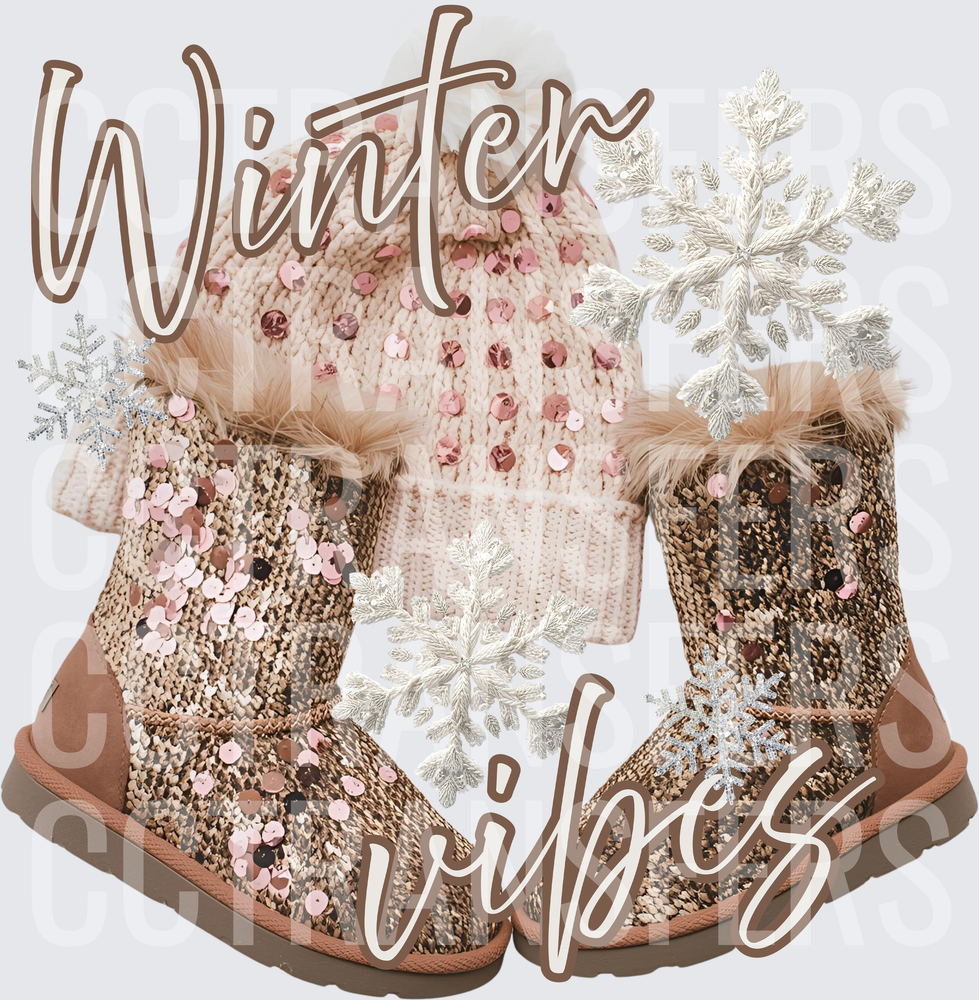 Winter Vibes Sequin Boots Beanie Snowflakes (DTF)