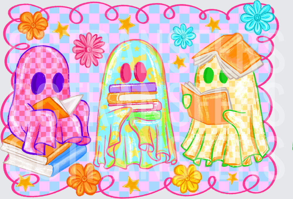 Cute Bookworm Ghosts With Stacked Books Retro Checkerboard (DTF)