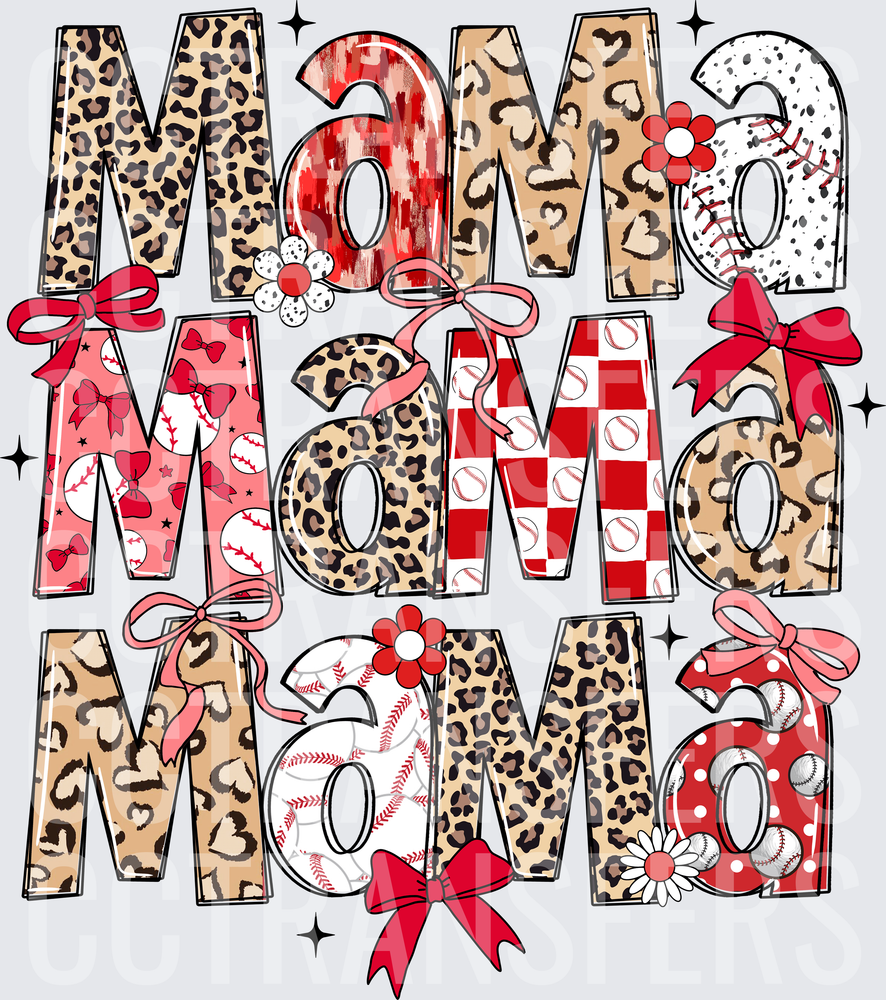 Mama Baseball Leopard Checkered Bow Stacked Letters (DTF)