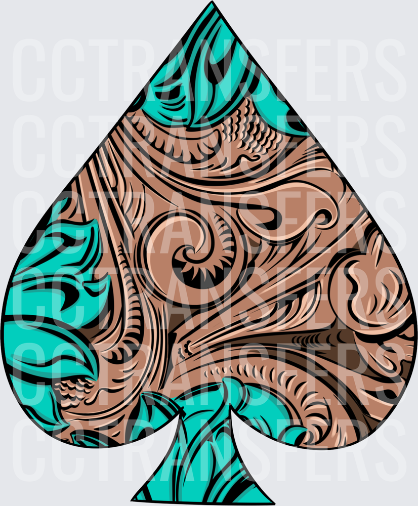 Turquoise and Brown Tooled Leather Spade Symbol (DTF)