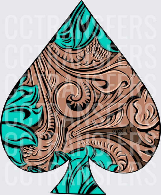 Turquoise and Brown Tooled Leather Spade Symbol (DTF)