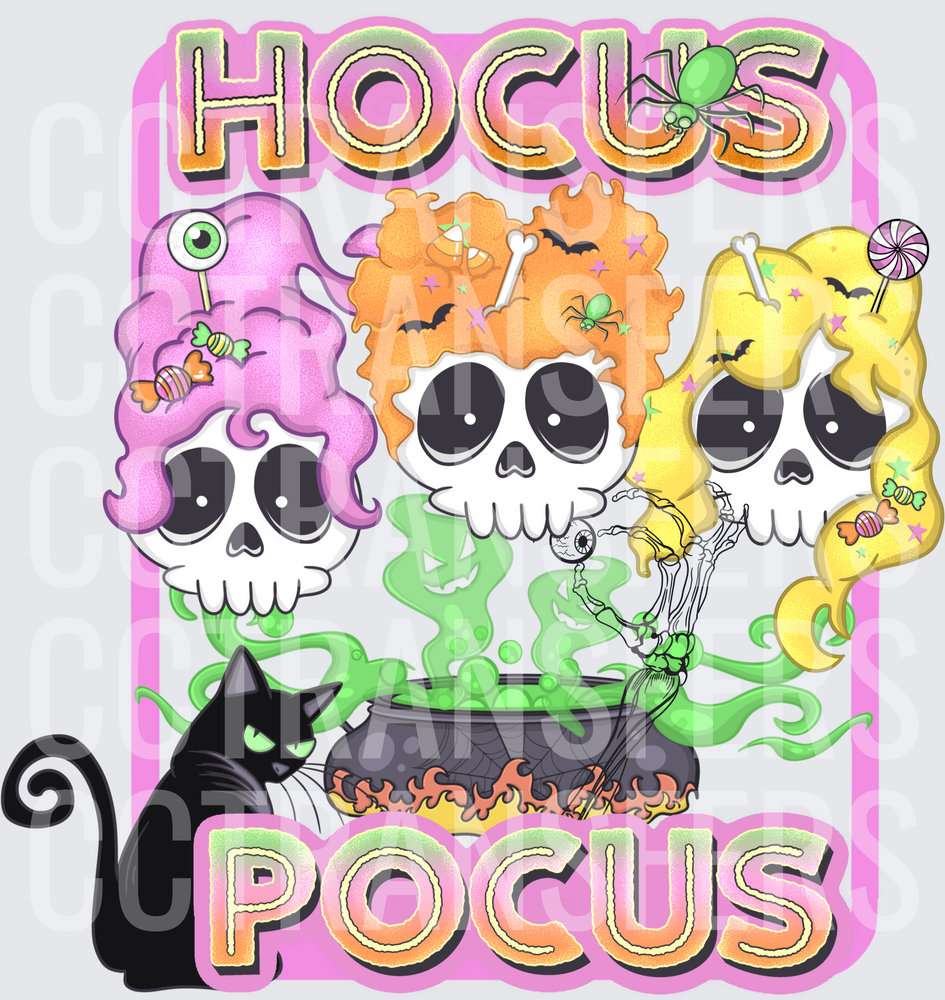 Hocus Pocus Cute Skull Witch Sisters Cauldron Black Cat (DTF)