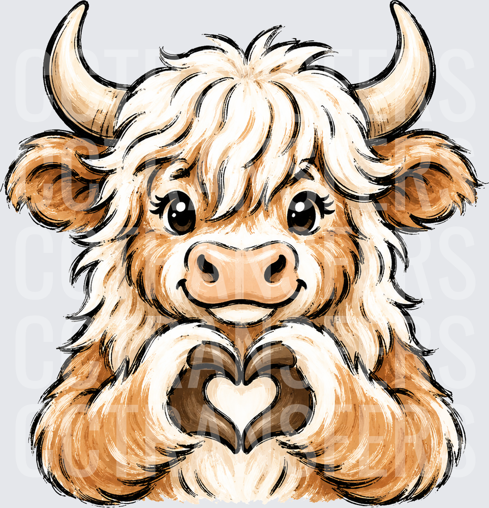 Cute Fluffy Highland Cow Making Heart Hand Gesture (DTF)