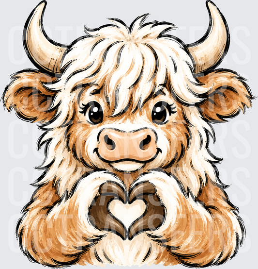Cute Fluffy Highland Cow Making Heart Hand Gesture (DTF)