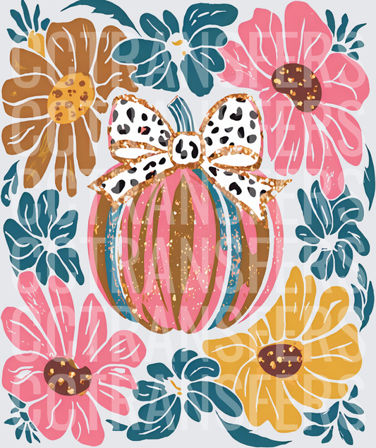 Boho Floral Pumpkin with Leopard Bow Gold Glitter (DTF)