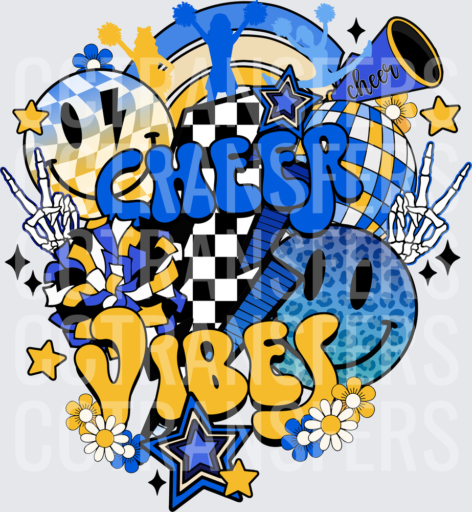 Cheer Vibes Blue Gold Retro Groovy Cheerleader Collage (DTF)