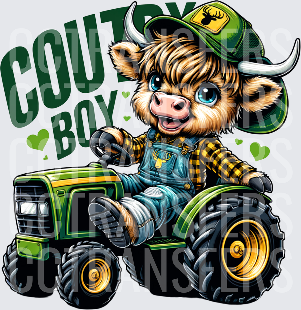 Country Boy Baby Highland Cow Driving Green Tractor (DTF)