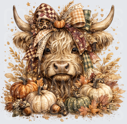 Fluffy Highland Cow Fall Bow Pumpkins Autumn Harvest (DTF)