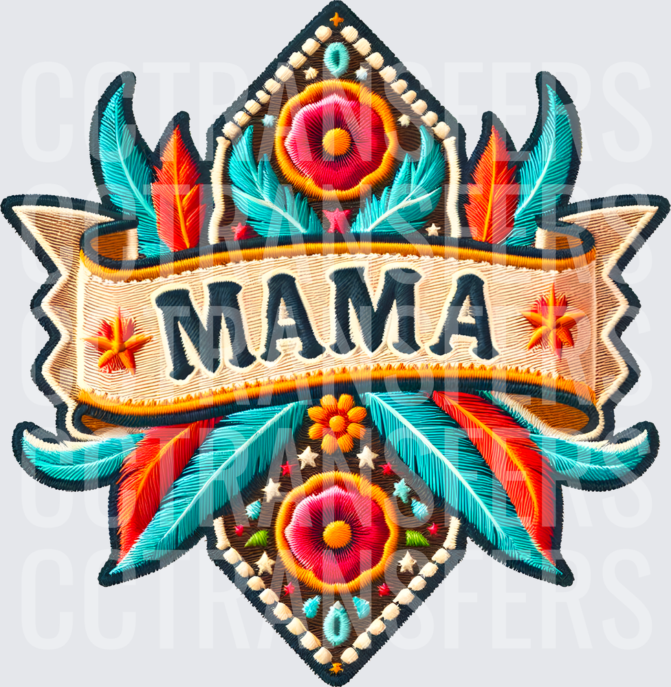 Mama Embroidered Patch Feathers Floral Banner (DTF)