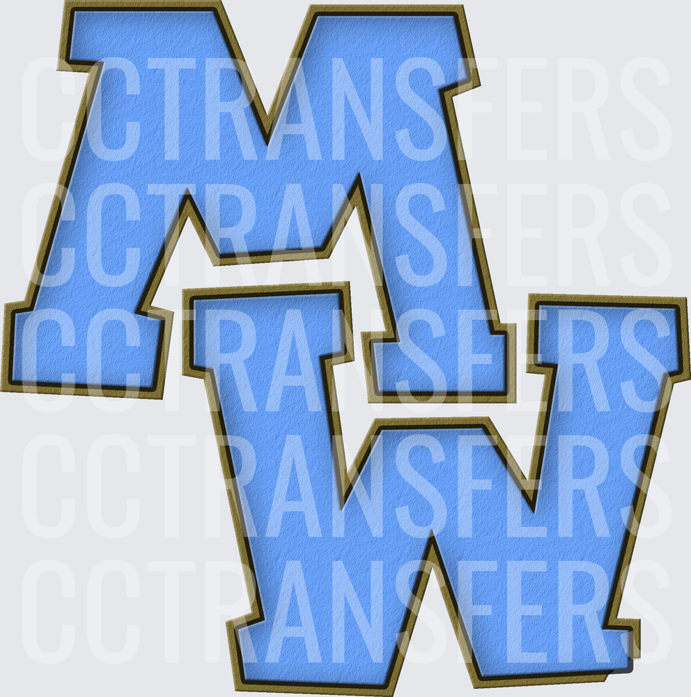 Blue Gold Varsity Letter MW Collegiate Block Monogram (DTF)