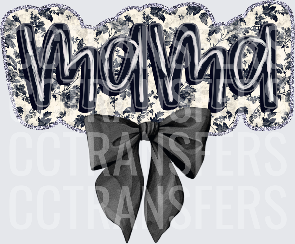 Mama Navy Floral Toile Glitter Bow (DTF)