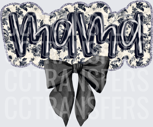 Mama Navy Floral Toile Glitter Bow (DTF)