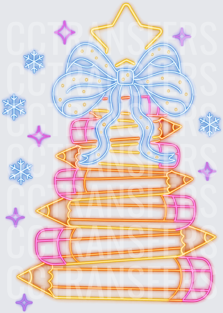 Neon Pencil Stack Christmas Tree with Bow and Star (DTF)