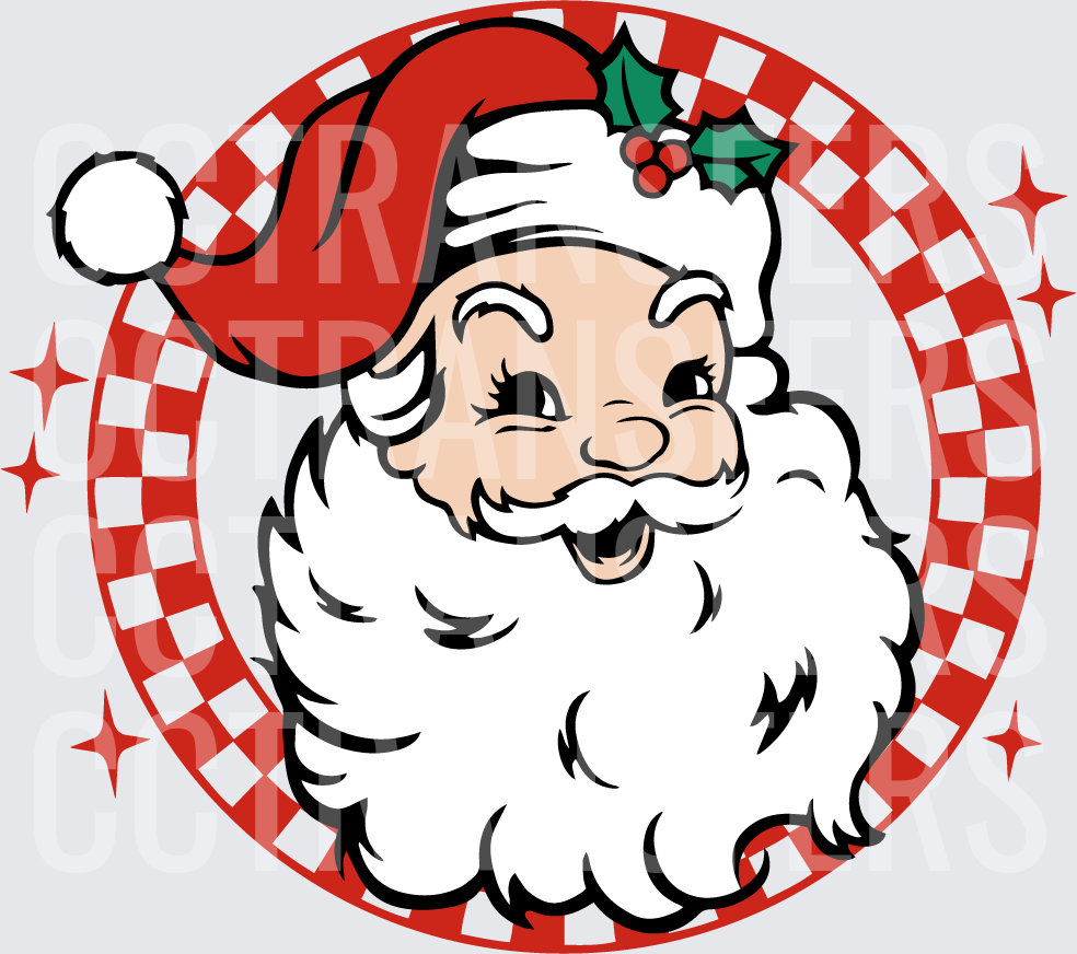 Retro Winking Santa Holly Hat Red Checker Circle (DTF)