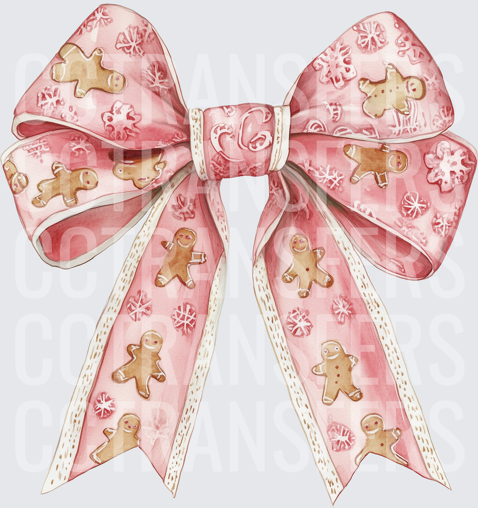 Pink Christmas Bow Gingerbread Men Snowflakes Watercolor (DTF)