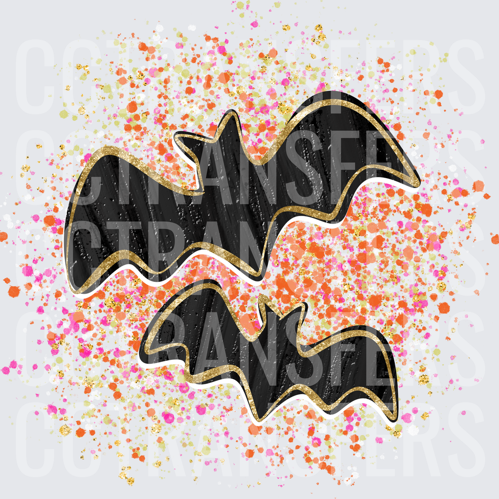 Two Black Bats Gold Glitter Outline Colorful Splatter (DTF)