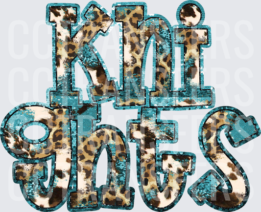 Knights Teal Glitter Leopard Cowhide Stacked Letters (DTF)