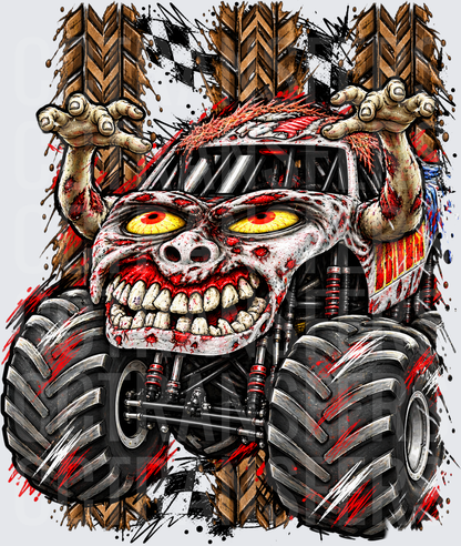 Zombie Monster Truck Glowing Eyes Checkered Flag Splatter (DTF)