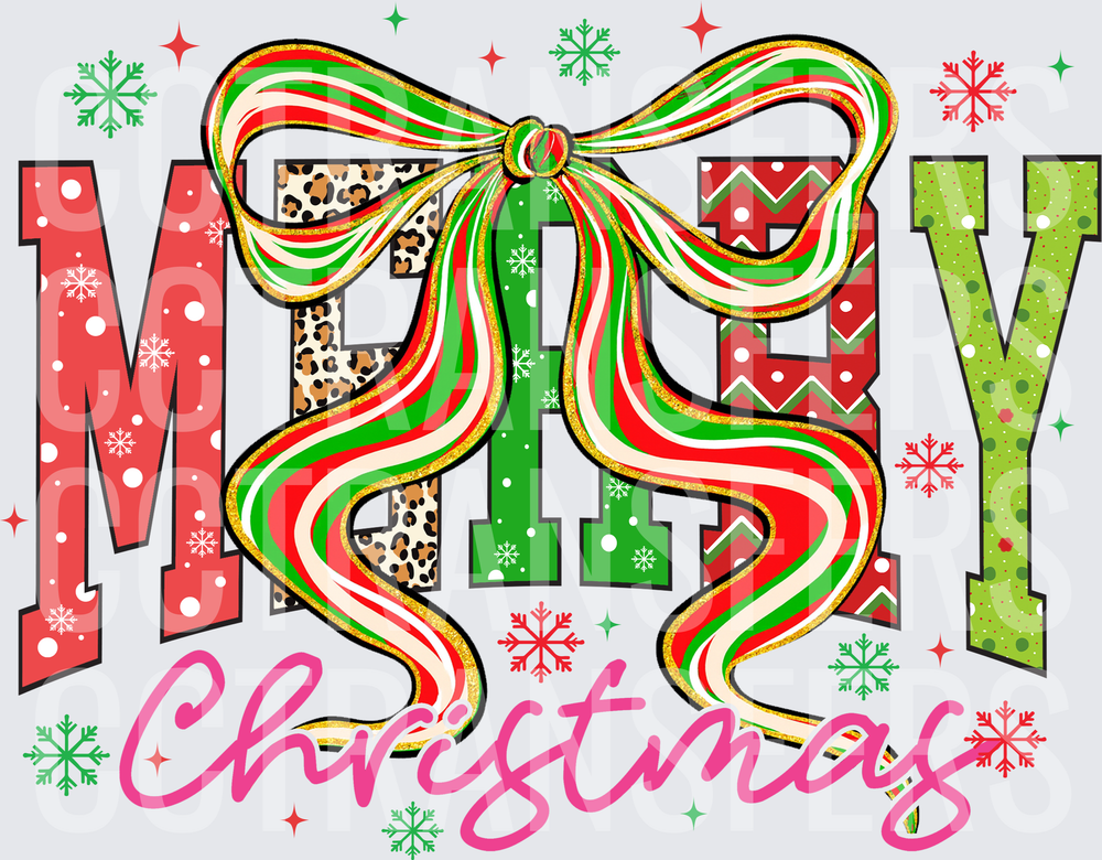 Merry Christmas Patterned Letters Ribbon Bow Snowflakes (DTF)