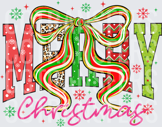 Merry Christmas Patterned Letters Ribbon Bow Snowflakes (DTF)