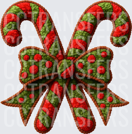 Embroidered Candy Canes Crossed With Green Red Bow (DTF)