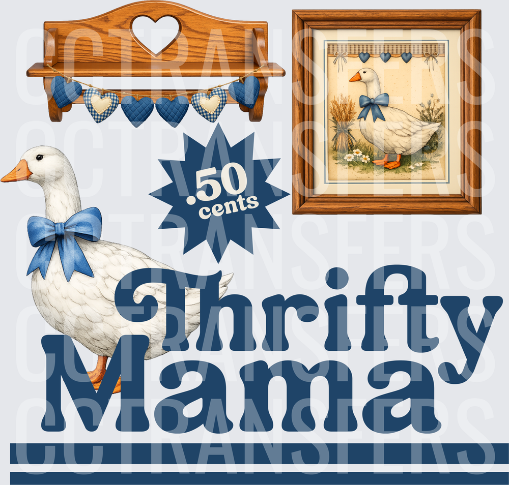 Thrifty Mama White Goose Blue Bow Farmhouse Collage (DTF)
