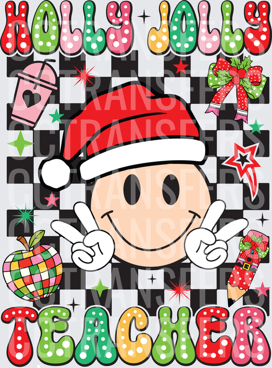 Holly Jolly Teacher Smiley Face Santa Hat Christmas (DTF)