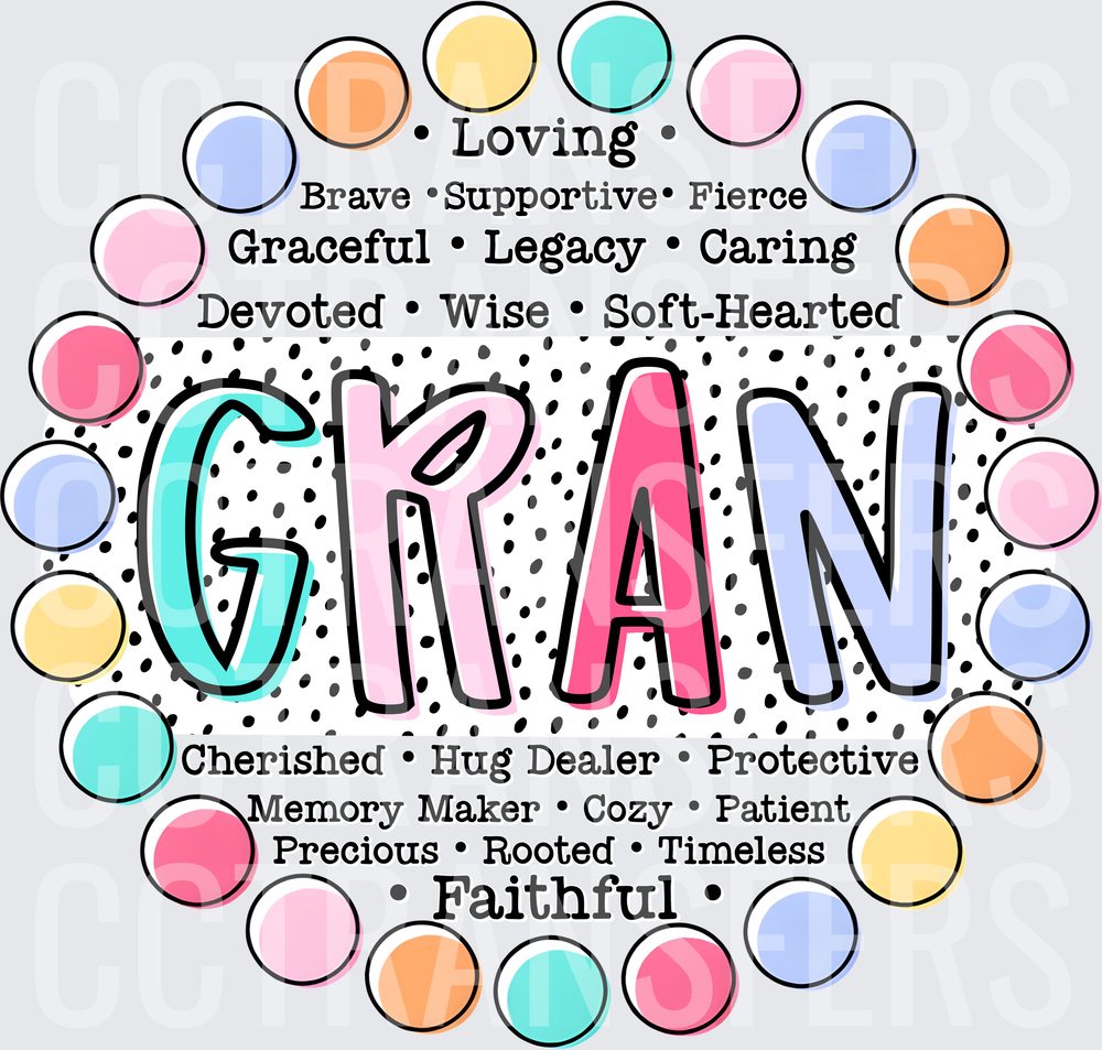 Gran Loving Brave Caring Wise Faithful Word Art Polka Dot (DTF)
