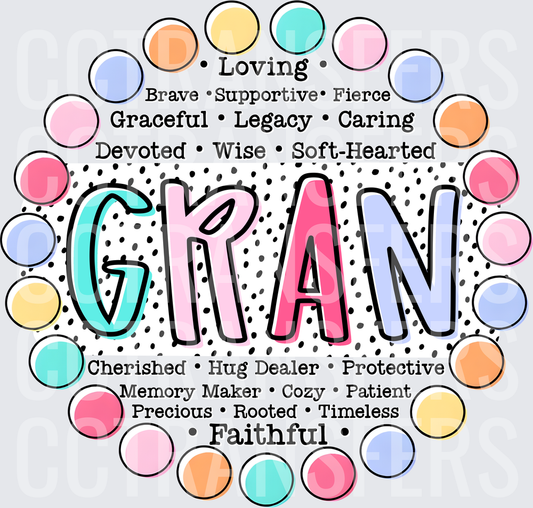 Gran Loving Brave Caring Wise Faithful Word Art Polka Dot (DTF)