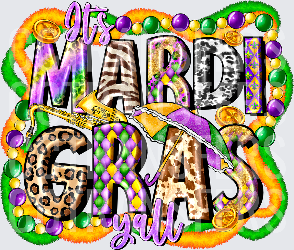 It's Mardi Gras Y'all Patterned Letters Beads Saxophone (DTF)