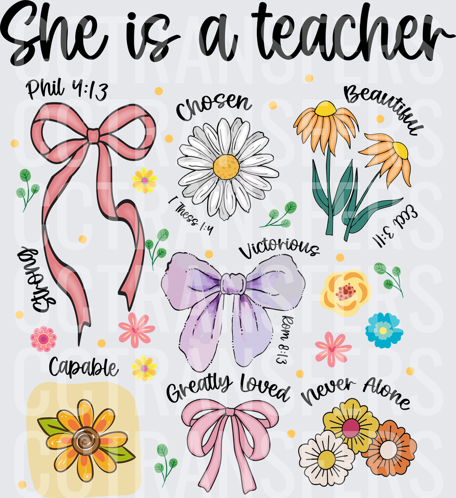 She Is A Teacher Floral Bows Bible Verse Collage (DTF)