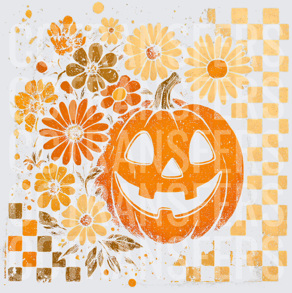 Retro Floral Jack-O-Lantern Checkered Halloween (DTF)