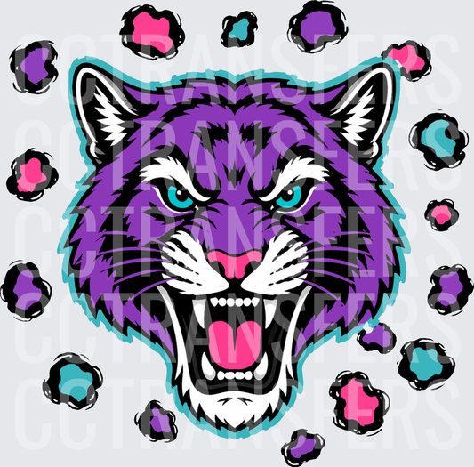Fierce Purple Wildcat Face with Colorful Paw Prints (DTF)