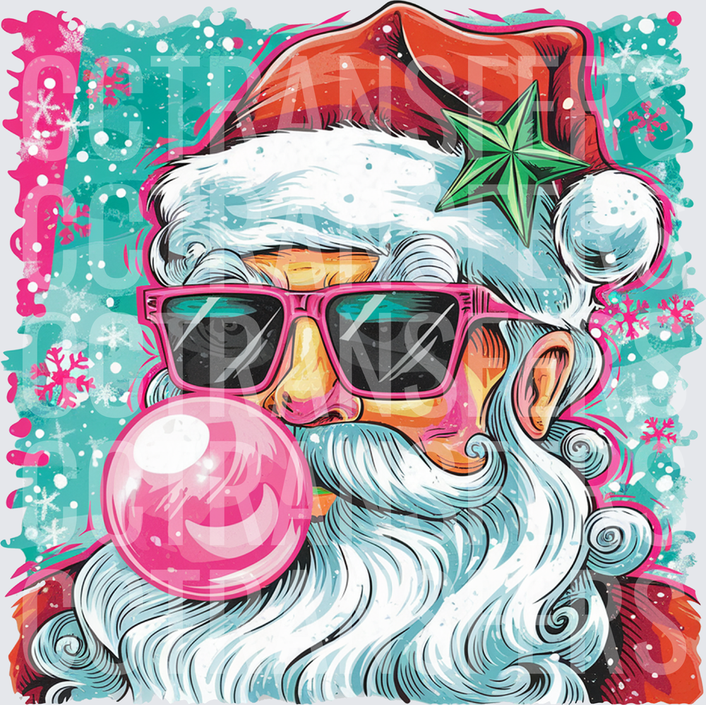 Cool Santa Pink Sunglasses Bubblegum Star Hat Snowflakes (DTF)