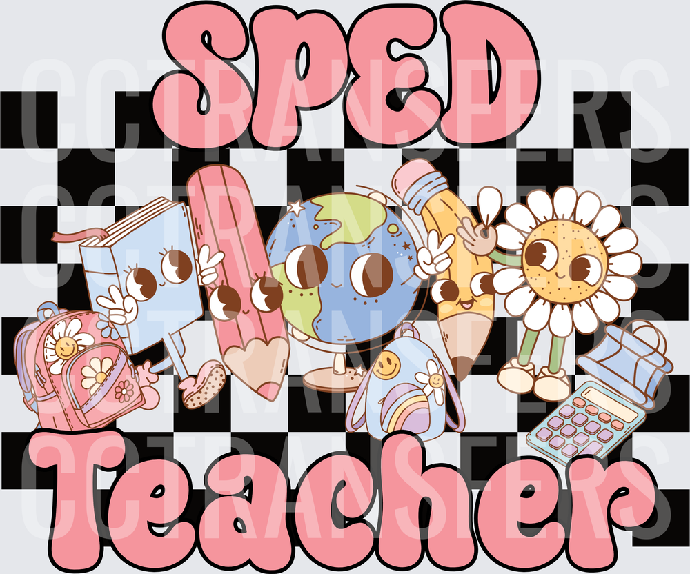 SPED Teacher Retro Groovy School Characters Checkered (DTF)