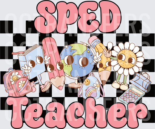 SPED Teacher Retro Groovy School Characters Checkered (DTF)
