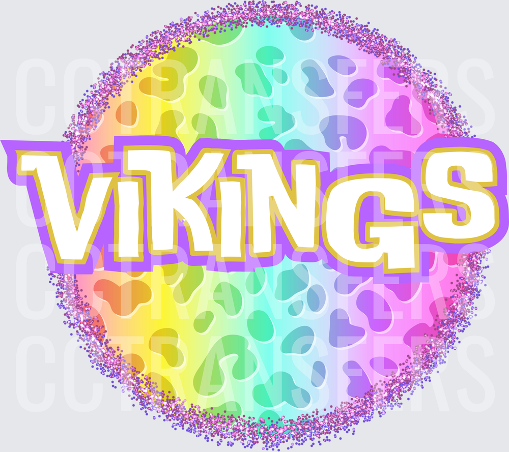 Rainbow Leopard Glitter Circle Vikings Bold Text (DTF)